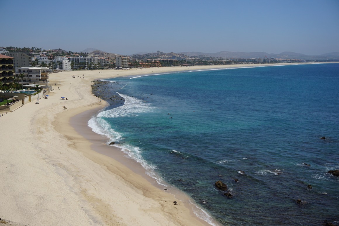 Aerial view of the Los Cabos Corridor coastline showcases turquoise waters and sandy beaches