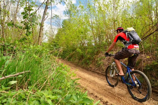 A man biking along a trail in Cabo del Sol, with desert mountains